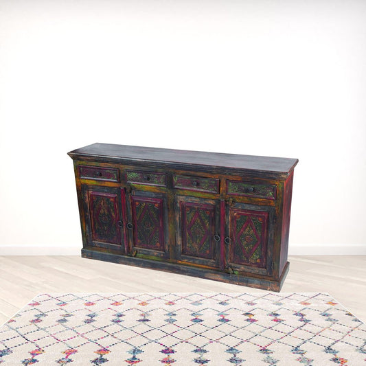 72" Dark Brown and Green Solid Wood Four Drawer Sideboard with Four Doors
