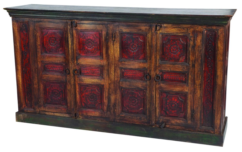 80" Brown And Red Distressed Solid Wood Carved Floral Buffet Table with Four Doors