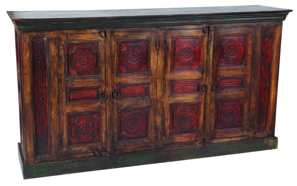 80" Brown And Red Distressed Solid Wood Carved Floral Buffet Table with Four Doors