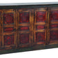 80" Brown And Red Distressed Solid Wood Carved Floral Buffet Table with Four Doors