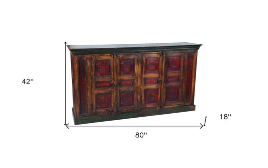 80" Brown And Red Distressed Solid Wood Carved Floral Buffet Table with Four Doors