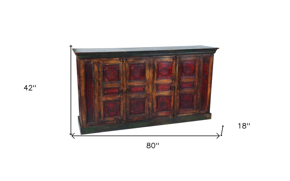 80" Brown And Red Distressed Solid Wood Carved Floral Buffet Table with Four Doors