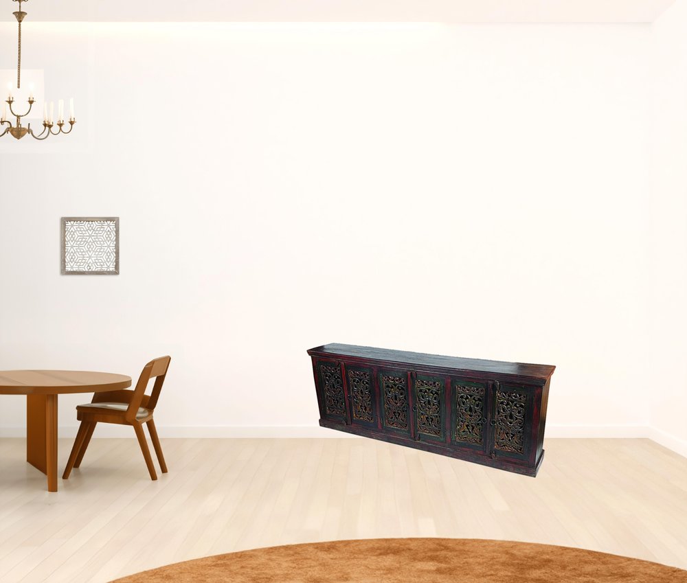 101" Brown and Green Solid Wood Buffet Table with Six Doors