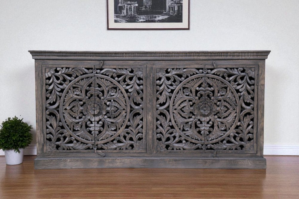 71" Gray Distressed Solid Wood Carved Floral Sideboard with Four Doors