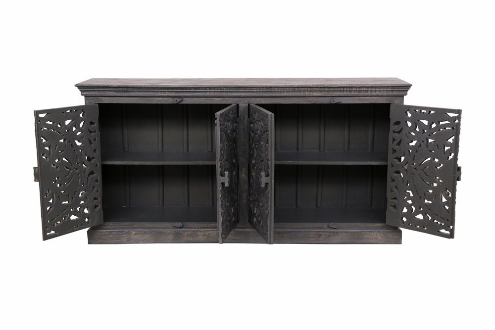 71" Gray Distressed Solid Wood Carved Floral Sideboard with Four Doors
