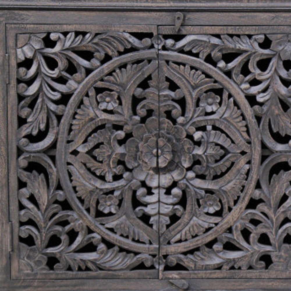 71" Gray Distressed Solid Wood Carved Floral Sideboard with Four Doors