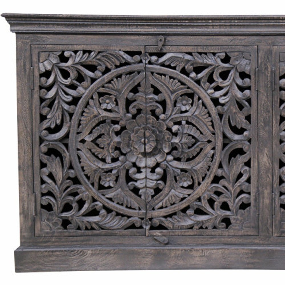 71" Gray Distressed Solid Wood Carved Floral Sideboard with Four Doors