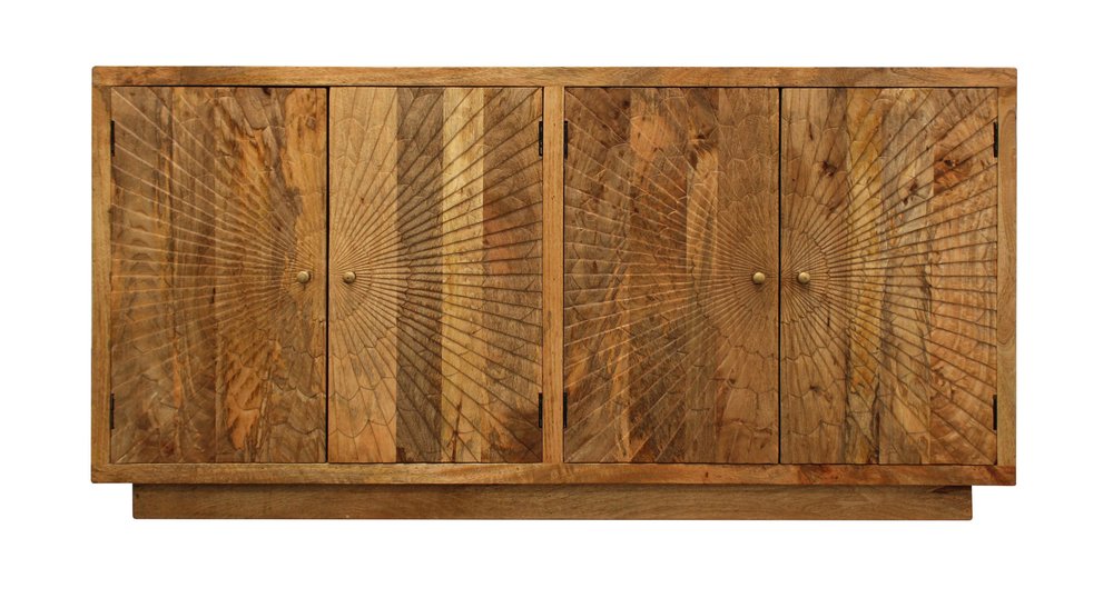 72" Natural Distressed Solid Wood Carved Geometric Sideboard with Four Doors