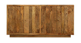72" Natural Distressed Solid Wood Carved Geometric Sideboard with Four Doors