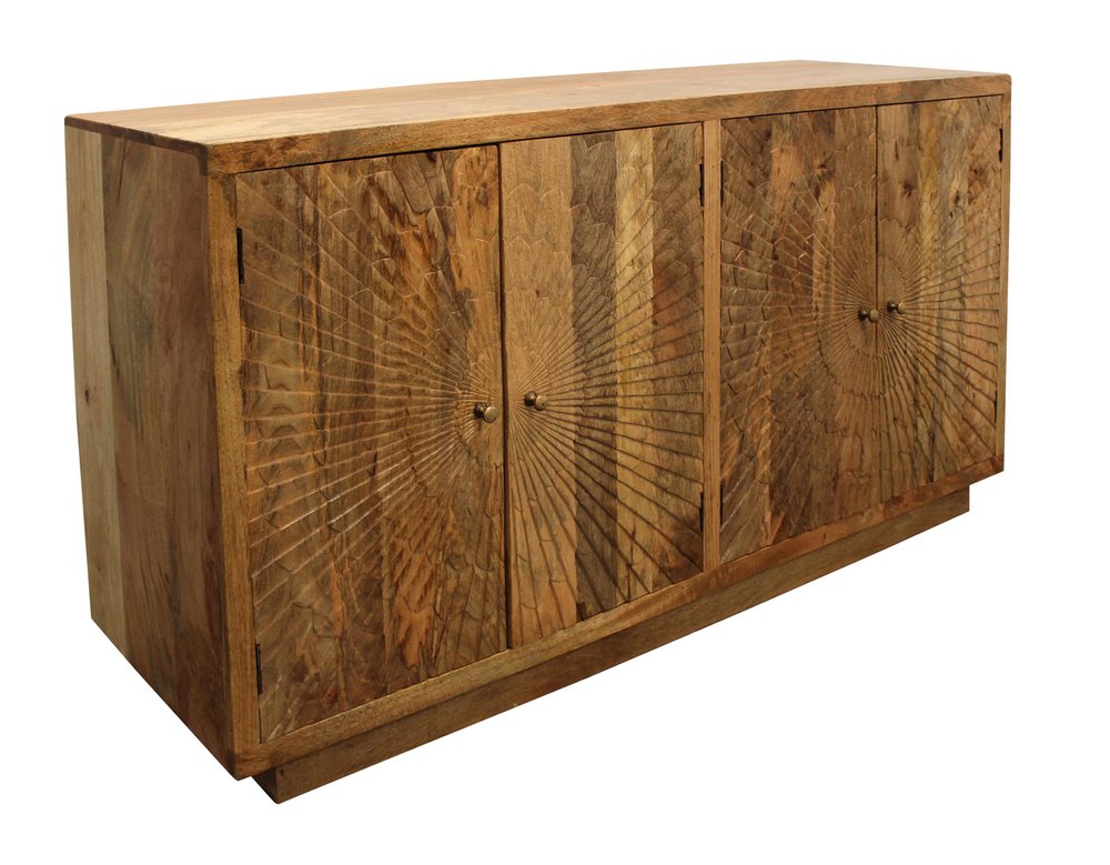 72" Natural Distressed Solid Wood Carved Geometric Sideboard with Four Doors