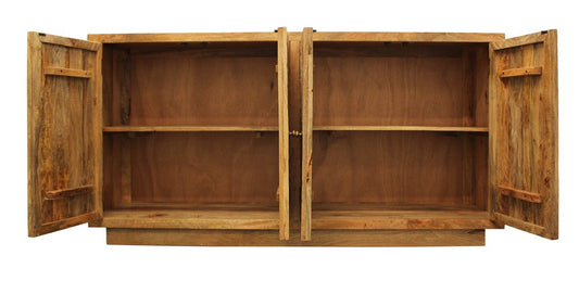 72" Natural Distressed Solid Wood Carved Geometric Sideboard with Four Doors