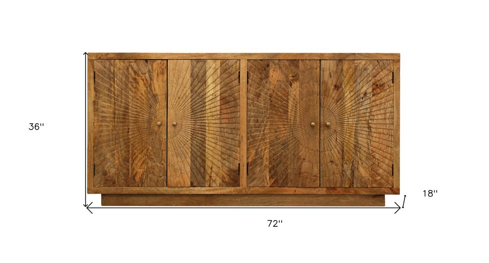 72" Natural Distressed Solid Wood Carved Geometric Sideboard with Four Doors