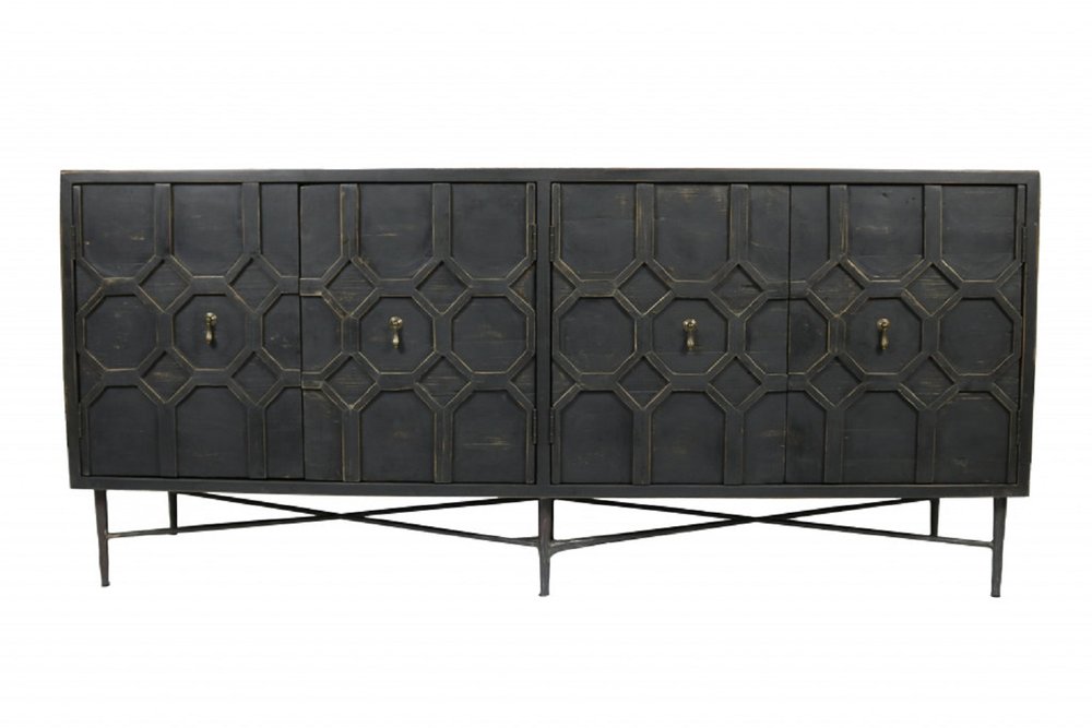 71" Brown Distressed Solid Wood Carved Geometric Sideboard with Four Doors