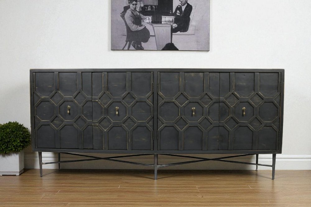 71" Brown Distressed Solid Wood Carved Geometric Sideboard with Four Doors