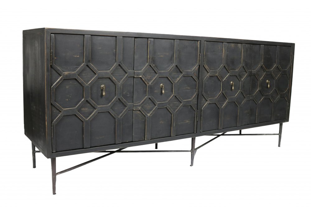 71" Brown Distressed Solid Wood Carved Geometric Sideboard with Four Doors