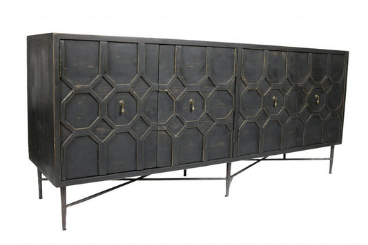 71" Brown Distressed Solid Wood Carved Geometric Sideboard with Four Doors