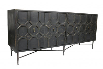 71" Brown Distressed Solid Wood Carved Geometric Sideboard with Four Doors