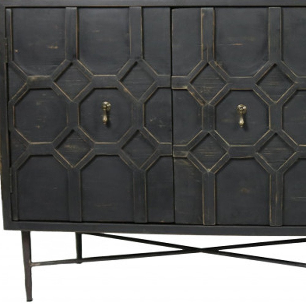 71" Brown Distressed Solid Wood Carved Geometric Sideboard with Four Doors