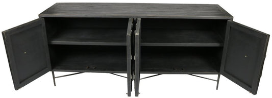 71" Brown Distressed Solid Wood Carved Geometric Sideboard with Four Doors