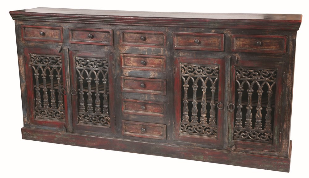 90" Brown Solid Wood Nine Drawer Buffet Table with Four Doors