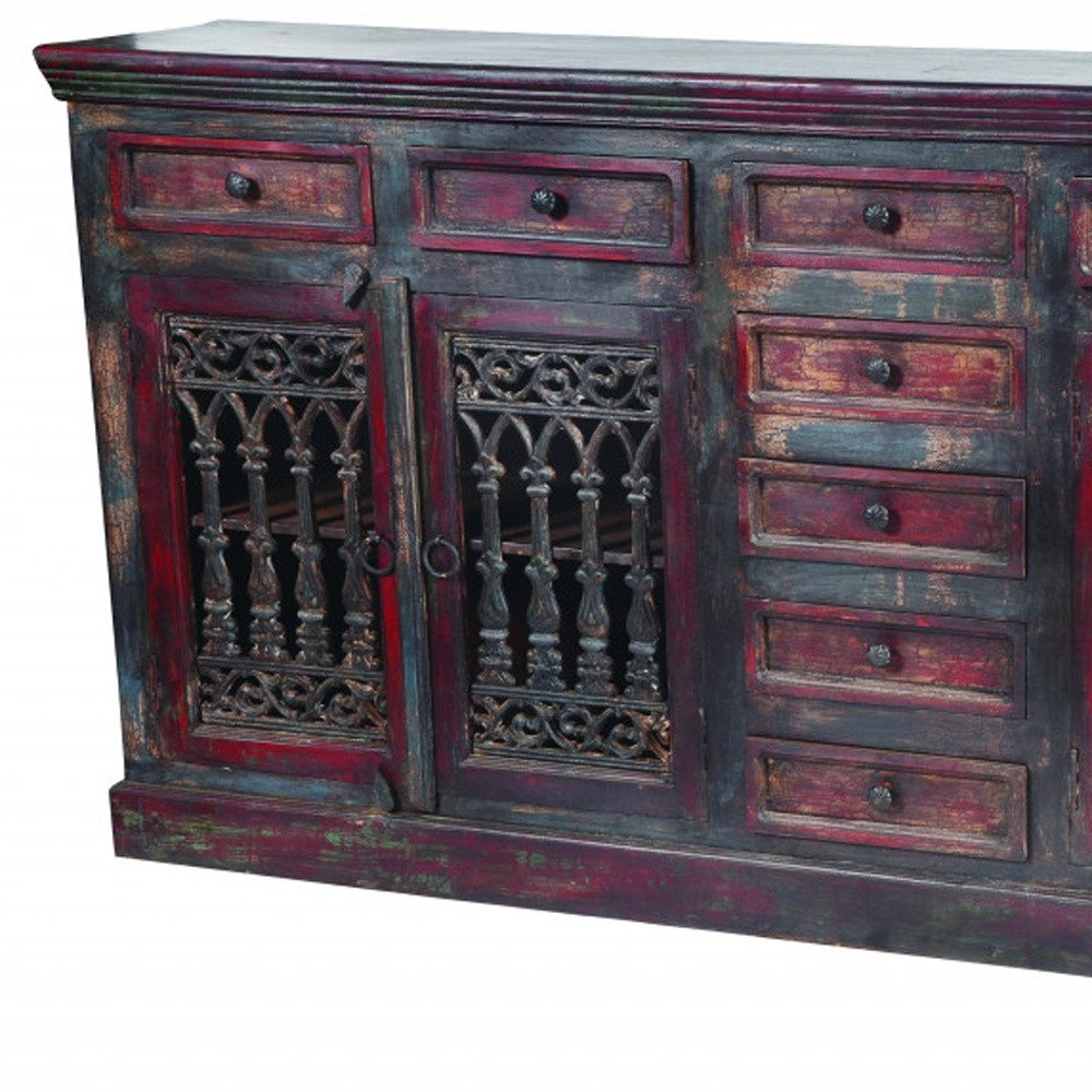 90" Brown Solid Wood Nine Drawer Buffet Table with Four Doors