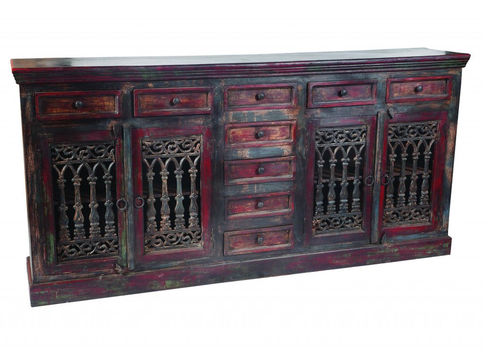 90" Brown Solid Wood Nine Drawer Buffet Table with Four Doors