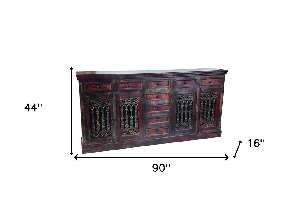 90" Brown Solid Wood Nine Drawer Buffet Table with Four Doors