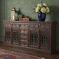90" Brown Solid Wood Nine Drawer Buffet Table with Four Doors