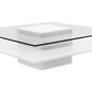 39" Clear and White Glass And Wood Square Pedestal Coffee Table With Shelf