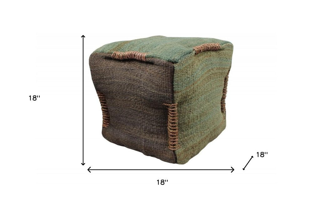 18" Green and Brown Jute Cube Pouf Ottoman