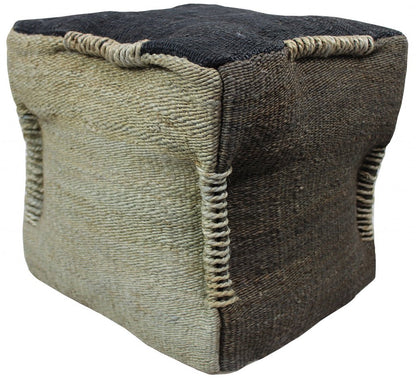 18" Black and Taupe Jute Cube Pouf Ottoman
