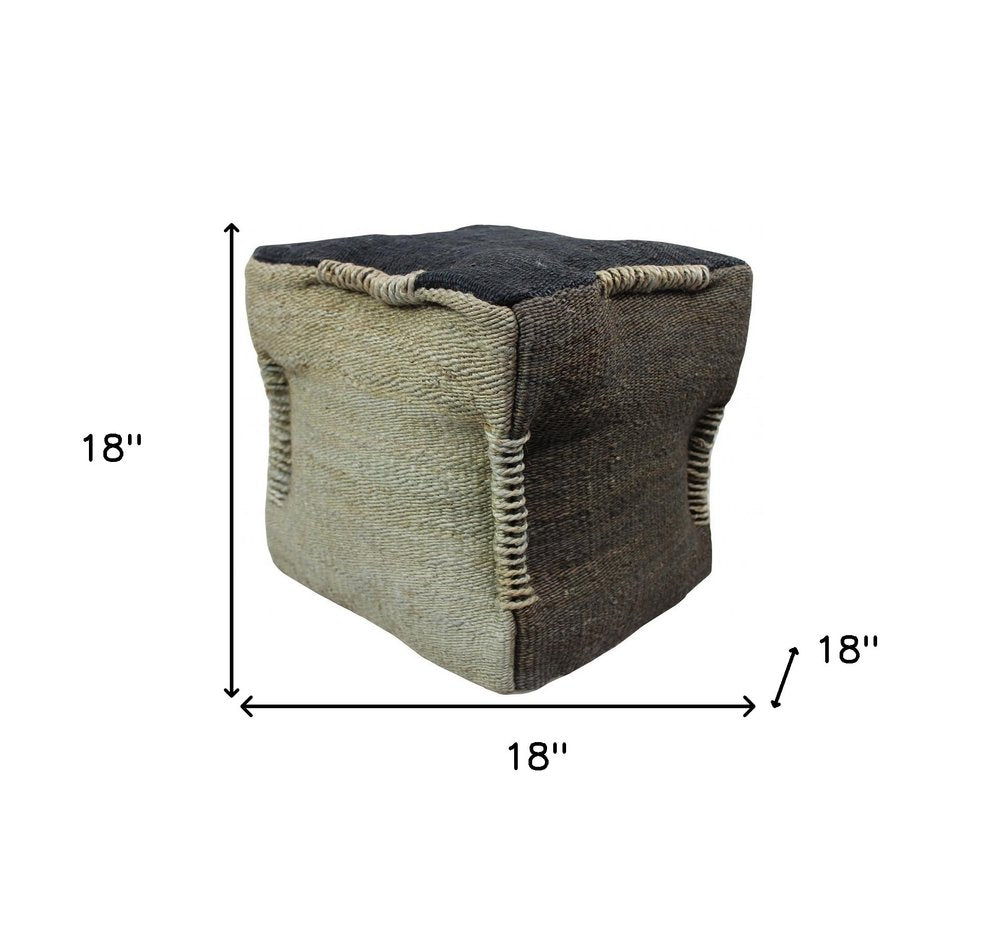 18" Black and Taupe Jute Cube Pouf Ottoman