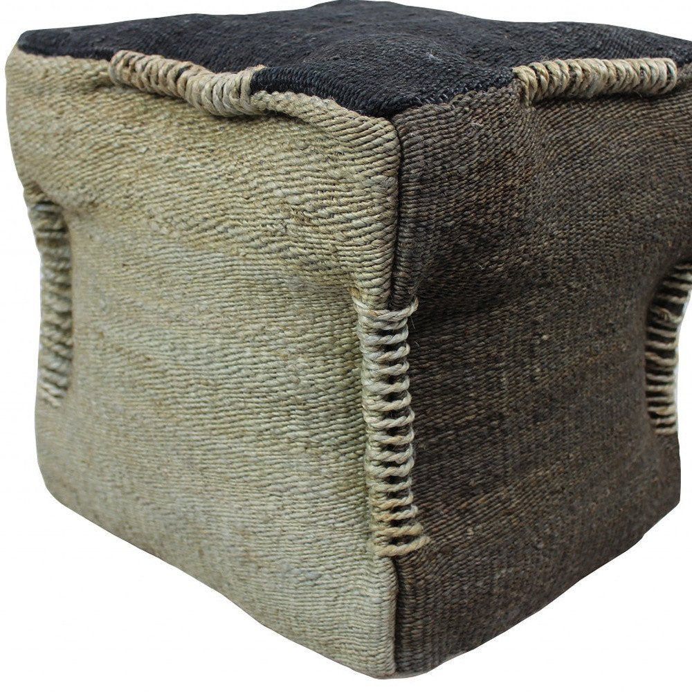 18" Black and Taupe Jute Cube Pouf Ottoman