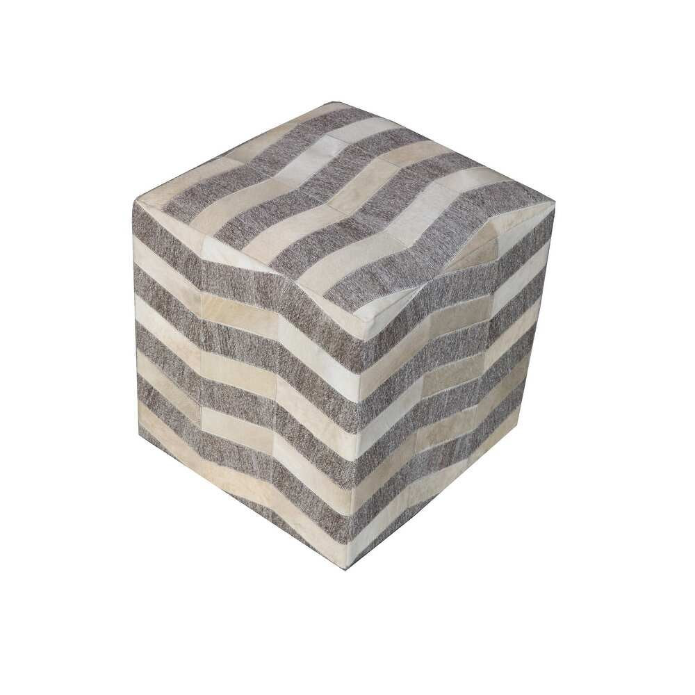 18" Gray and Beige Hair on Hide Cube Chevron Pouf Ottoman