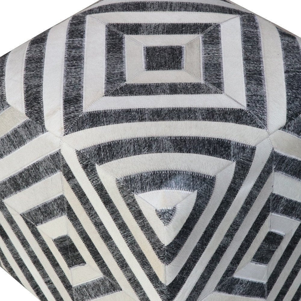 18" Dark Gray and Ivory Hair on Hide Cube Geometric Pouf Ottoman
