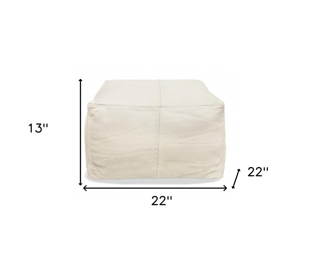 22" Ivory Leather Pouf Ottoman