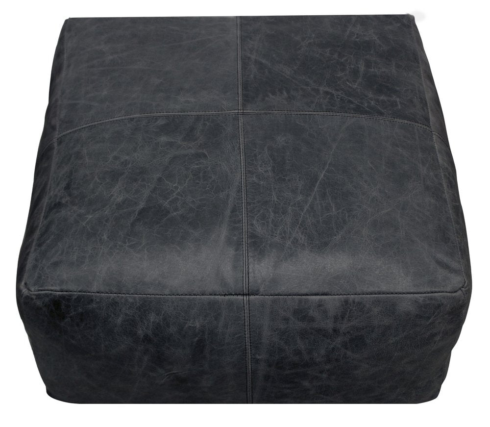 22" Black Distressed Leather Pouf Ottoman