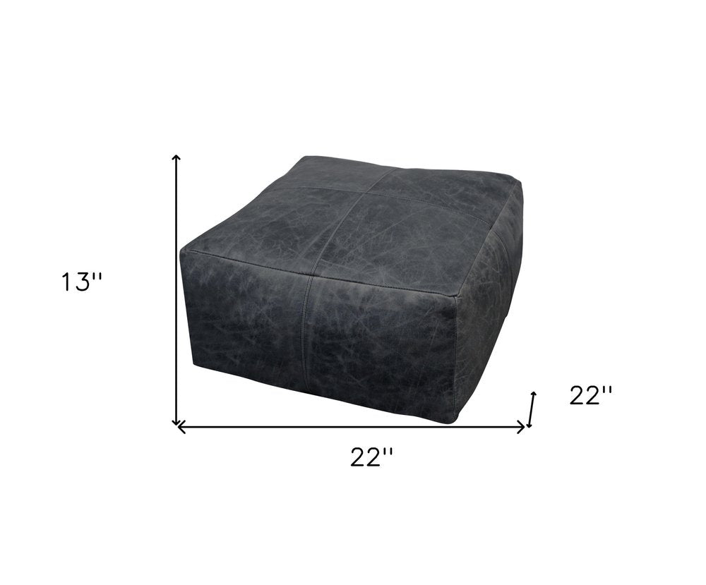 22" Black Distressed Leather Pouf Ottoman