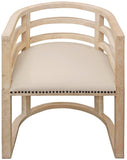Ivory and Natural Upholstered Linen Curved Back Dining Arm Chair