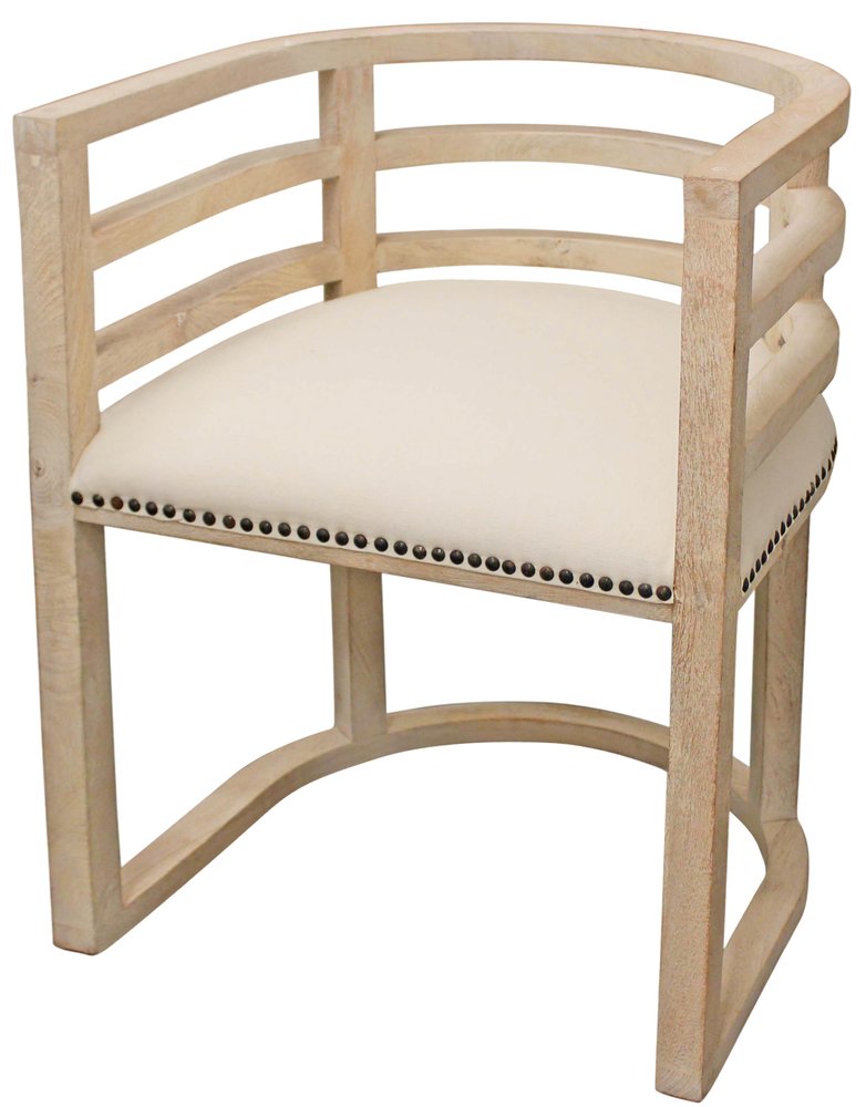 Ivory and Natural Upholstered Linen Curved Back Dining Arm Chair