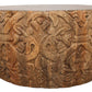 32" White and Natural Iron and Solid Wood Round Drum Coffee Table