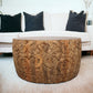 32" White and Natural Iron and Solid Wood Round Drum Coffee Table
