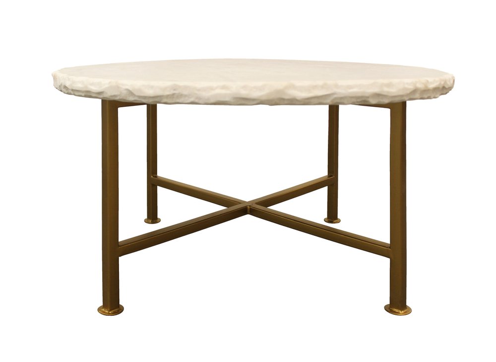 30" Ivory and Brass Genuine Marble and Iron Round Frame Coffee Table