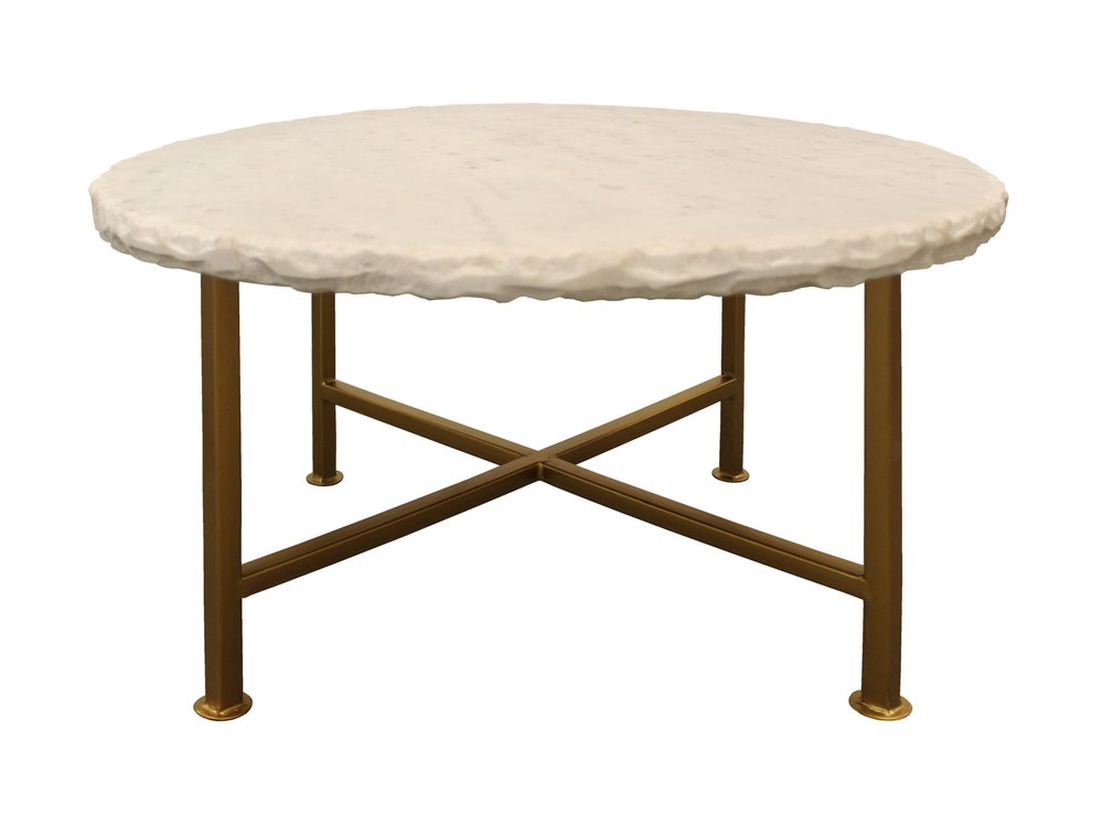 30" Ivory and Brass Genuine Marble and Iron Round Frame Coffee Table