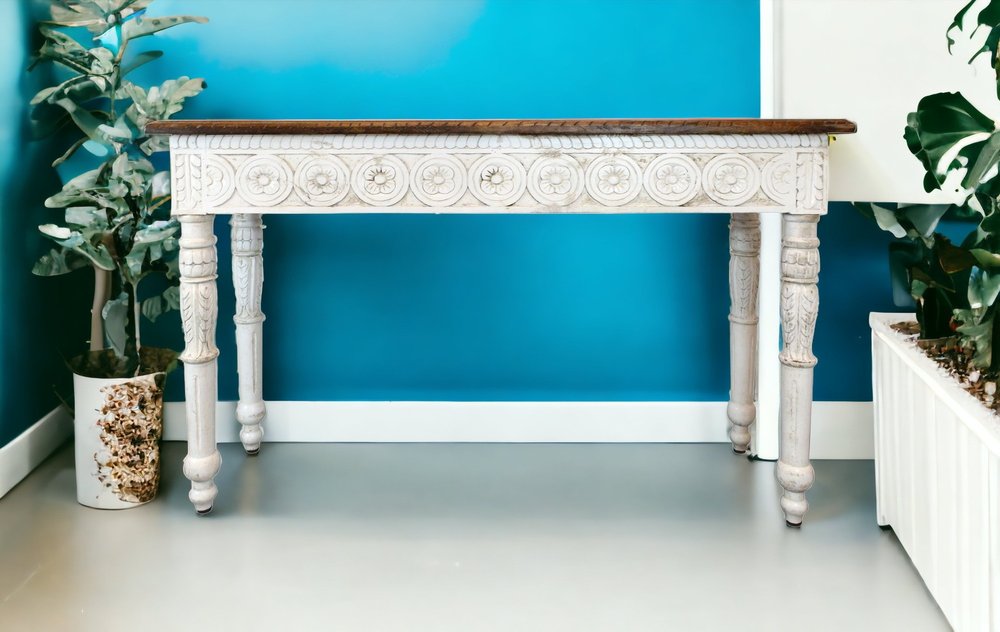 48" Natural and White Solid Wood Distressed Console Table