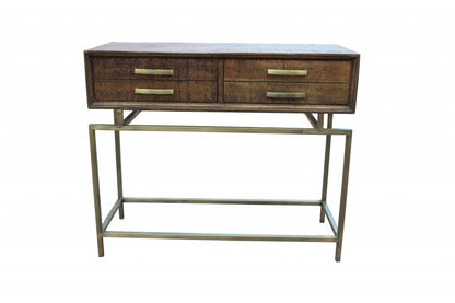 36" Brown and Brass Solid Wood Distressed Frame Console Table With Storage