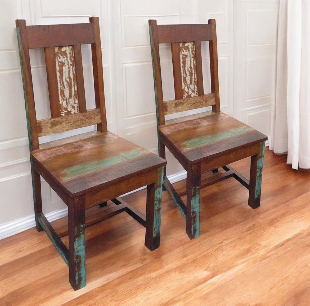 Set of Two Brown Slat Back Dining Side Chairs