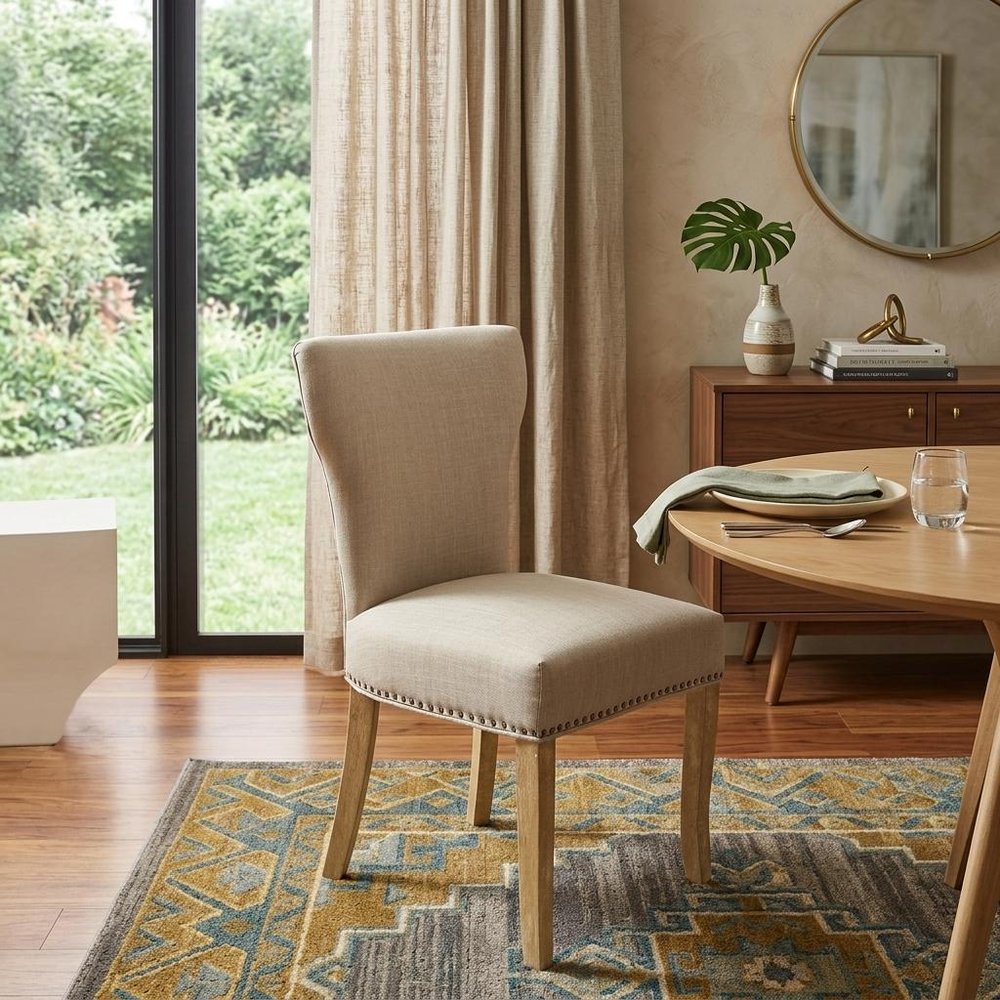 Set of Two Ivory and Natural Upholstered Fabric Dining Parsons Chairs