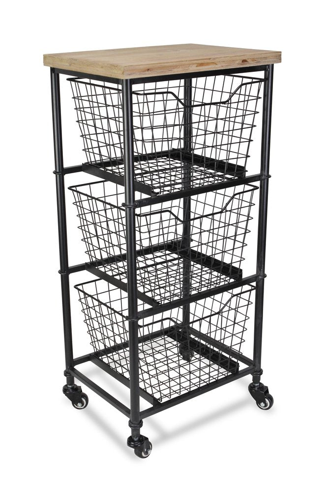 32" Black And Natural Metal And Wood Basket Storage Rolling Cabinet