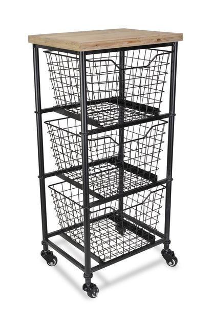 32" Black And Natural Metal And Wood Basket Storage Rolling Cabinet